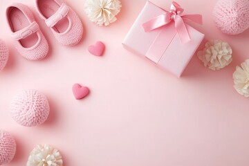 Delicate baby shoes and charming pink gift box evoke love and joy in a minimalistic Valentine's Day flat lay setup