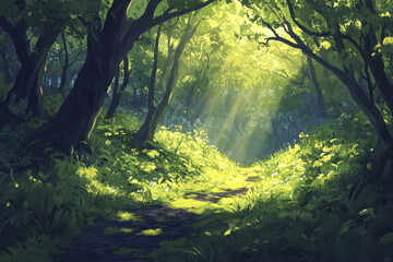 serene forest scene with lush greenery, sunlight filtering through trees, creating peaceful atmosphere. path invites exploration and connection with nature