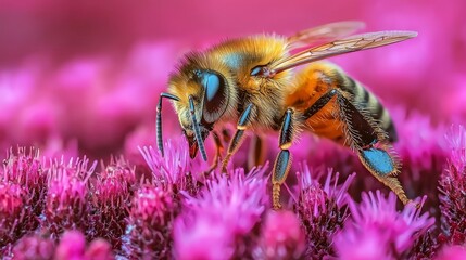 A close up of a bee on a pink flower