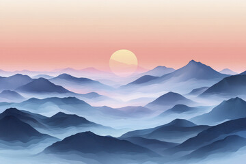 Fototapeta premium serene misty mountain range at sunset, showcasing layers of blue and purple hues with soft sun setting in background, creating tranquil atmosphere