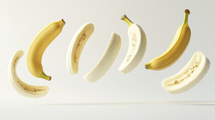 Fresh banana slices and whole bananas floating in air create vibrant and playful composition. This captures essence of fruit in fun and artistic way