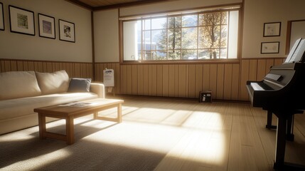 Fototapeta premium Comfortable sofas and armchairs surround a wooden coffee table, illuminated by warm sunlight filtering through large windows