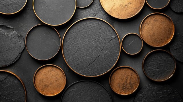 A group of gold and black circles on a black surface
