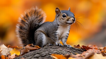 Fototapeta premium A squirrel sitting on top of a tree stump surrounded by leaves