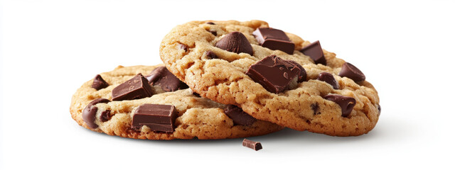 Fototapeta premium Freshly baked chocolate chip cookies with chunks of rich chocolate, perfectly golden and inviting, on a white background.