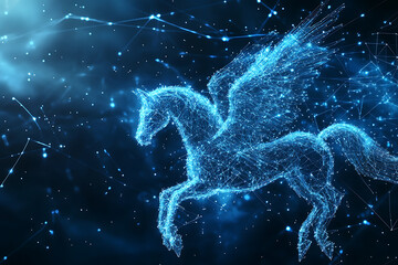 An abstract digital background featuring a pegasus , highlighted by connecting data points in blue and black colors


