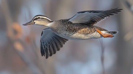 Obraz premium A duck flying through the air with its wings spread