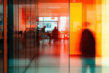 Blurred office space through vibrant glass panels.