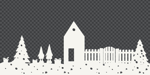 Christmas card in Scandinavian style cut out of paper. Winter white infinite background with funny gnomes under Christmas tree, presents and house. Modern flat design on transparent. Vector