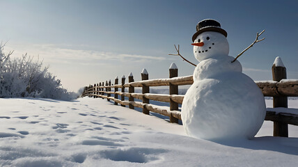 Cheerful snowman beside a wooden fence in a snowy landscape under a bright winter sky.