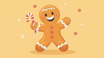 illustration flat design style cute gingerbread man holding a candy cane