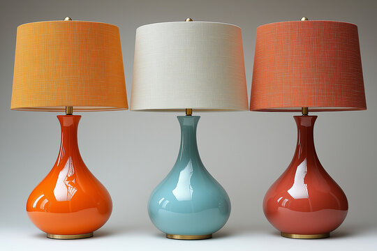 Photographie studio d'une lampe &agrave; poser moderne avec base en laiton &eacute;pur&eacute; et abat-jour en tissu, design minimaliste sur fond blanc