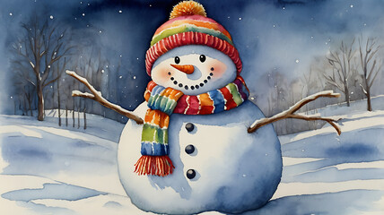 Obraz premium Cheerful snowman in colorful hat and scarf, snowy winter landscape.