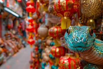 Fototapeta premium Green snake celebrating chinese new year with red lanterns and gold decorations in japanese style