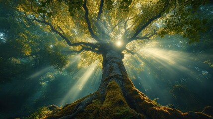 Majestic ancient tree with sun rays bursting through canopy, low angle view.