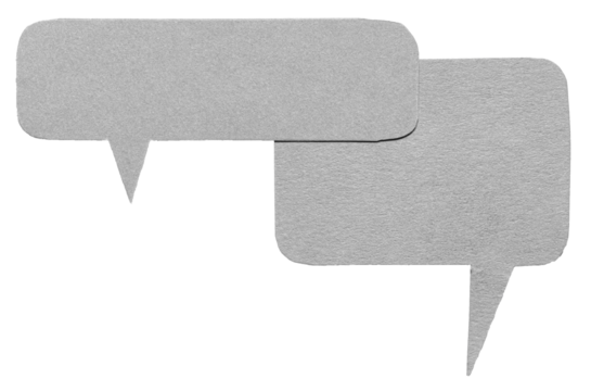 Grey gray blank cut out cardboard paper speech bubbles with rough edges and copy space for text on transparent png background design element
