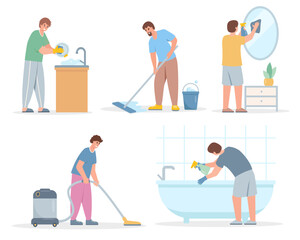 Set of Men doing housework. Man Washing Dishes, mirror, bath and floor and Vacuuming. Vector male character illustrations on white background.