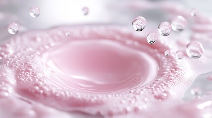 A close up of water droplets falling into a pink liquid