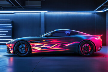 Sleek, customized sports car with vibrant, neon wrap design parked in a modern garage illuminated by neon lights, showcasing car tuning and customization