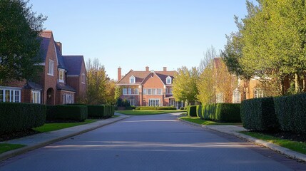A quiet suburban street with neatly trimmed hedges and a large brick building in the background.