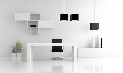 White office with a black chair and a desk. The desk has a computer and a vase