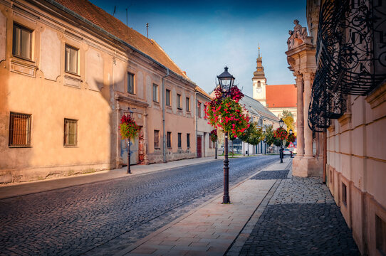 Encient buildings on the street of Trnava city, West Slovakia, Europe. Beautiful autumn view of Cathedral of St. John the Baptist, Traveling concept background.