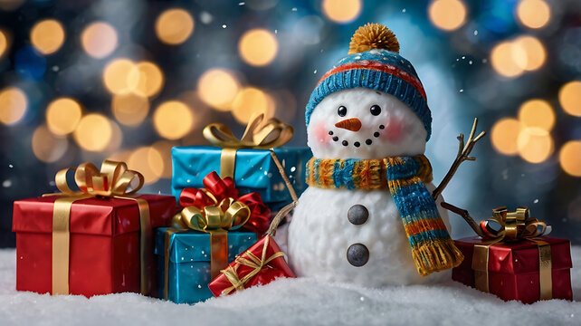 Cheerful snowman with presents, winter bokeh lights.