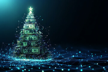 An abstract digital background featuring a A creative Christmas tree made entirely of dollar bills, highlighted by connecting data points in blue and black colors


