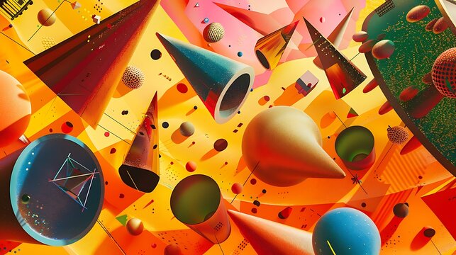 A swirling collection of geometric shapes, including ellipsoids and cones, floating against a vibrant backdrop