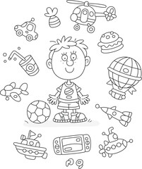 Happy little boy surrounded by his funny toys, black and white outline vector cartoon illustration for a coloring book