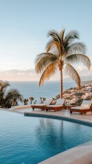 Fototapeta premium Enjoy a breathtaking sunset from a Pebble Beach patio, featuring an infinity pool, lush greenery, and an elegant outdoor seating area