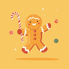 illustration flat design style cute gingerbread man holding a candy cane