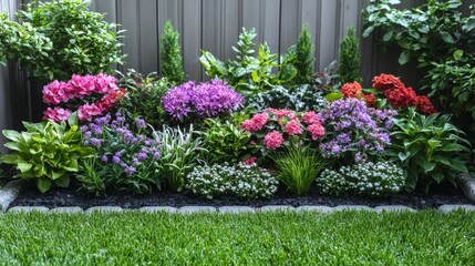 A flower bed in front of a gray fence