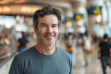 Fototapeta premium Portrait of a blissful man in his 40s dressed in a casual t-shirt isolated in bustling airport terminal