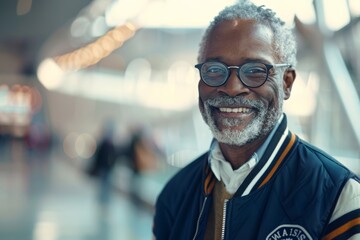 Obraz premium Portrait of a blissful afro-american man in his 60s sporting a stylish varsity jacket while standing against bustling airport terminal background