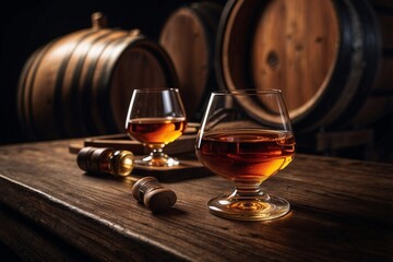 Glass of Sparkling Cognac Elegantly Placed Next to a Barrel Against a Dark Wood Background