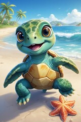 Baby Turtle with Cute Big Eyes Playing on the Beach on a Sunny Day