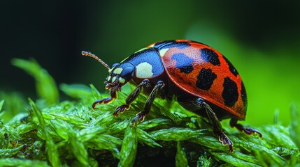Obraz premium A red and black beetle sitting on a green leaf