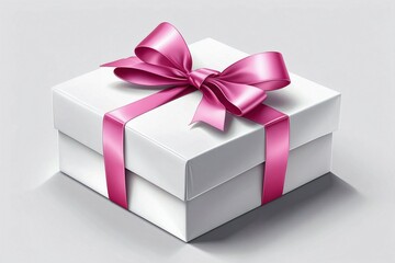 Obraz premium Elegant White Gift Box with a Delicate Pink Bow Set Against a Clean White Background