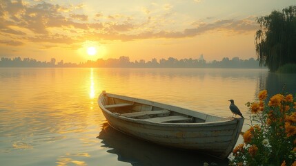 Naklejka premium A boat sitting on top of a lake next to a field of flowers