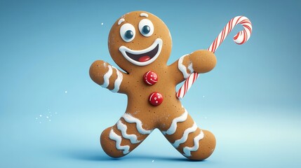 Obraz premium 3D Gingerbread Man Character with a Candy Cane in isolated background