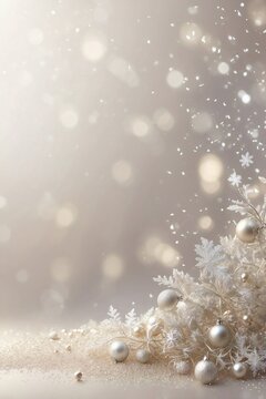 Silver and Light Beige Christmas Background with Small Delicate Snowflakes and Silver Glitter