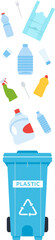 Different plastic items, including bottles, bags, and containers, are falling into a dedicated recycling bin, symbolizing responsible waste management and environmental sustainability efforts