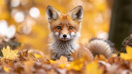 Fototapeta premium A small red fox sitting in a pile of leaves