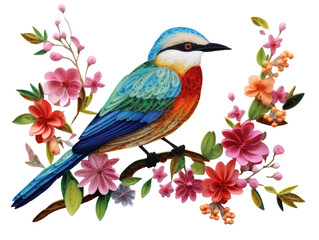 Obraz premium Colorful Bird Among Flowers in Artistic Design