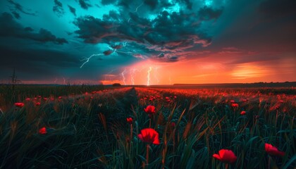 Striking lightning illuminates a dramatic skyscape with dark clouds and vivid energy