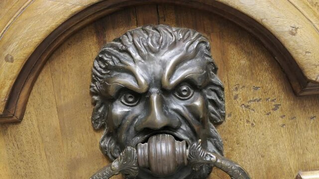 Unique lion-shaped door knocker on wooden door in Place des Trois Ormeaux, Aix-en-Provence, France