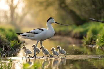 Obraz premium Pied avocet and chicks gracefully walking through shallow water in soft, gentle light