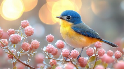 A small blue and yellow bird sitting on a branch of a tree