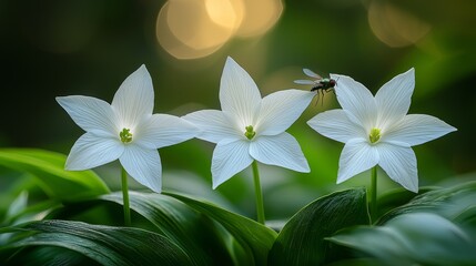 A fly is sitting on top of three white flowers